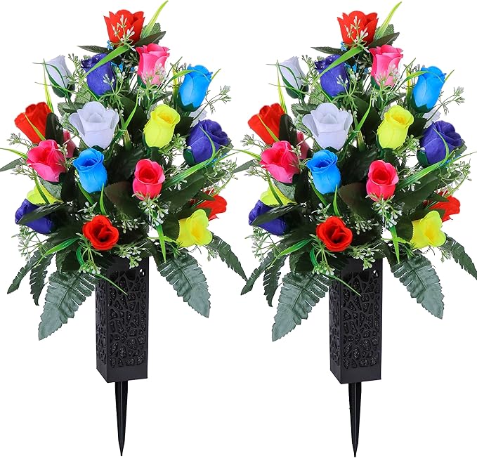 LVXINLI 2 Sets Artificial Cemetery Flowers,Outdoor Grave Decorations Roses,Beautiful Arrangements Bouquet with Cemetery Vase,Lasting and Non-Bleed Colors (Colorful)
