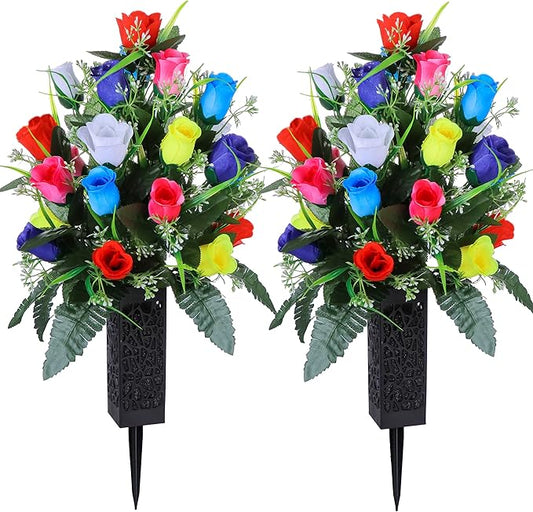LVXINLI 2 Sets Artificial Cemetery Flowers,Outdoor Grave Decorations Roses,Beautiful Arrangements Bouquet with Cemetery Vase,Lasting and Non-Bleed Colors (Colorful)