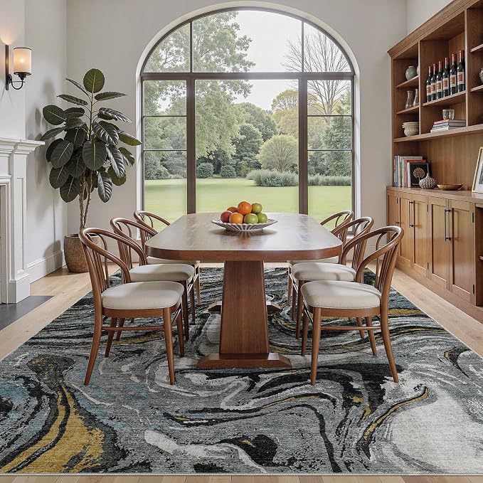 DMOYEST 9x12 Area Rug for Living Room - Washable Neutral Modern Abstract Rugs Soft Non-Slip Carpet Low Pile Indoor Floor Mat for Bedroom & Dining Room Decor for Families with Kids and Pet-Black Golden
