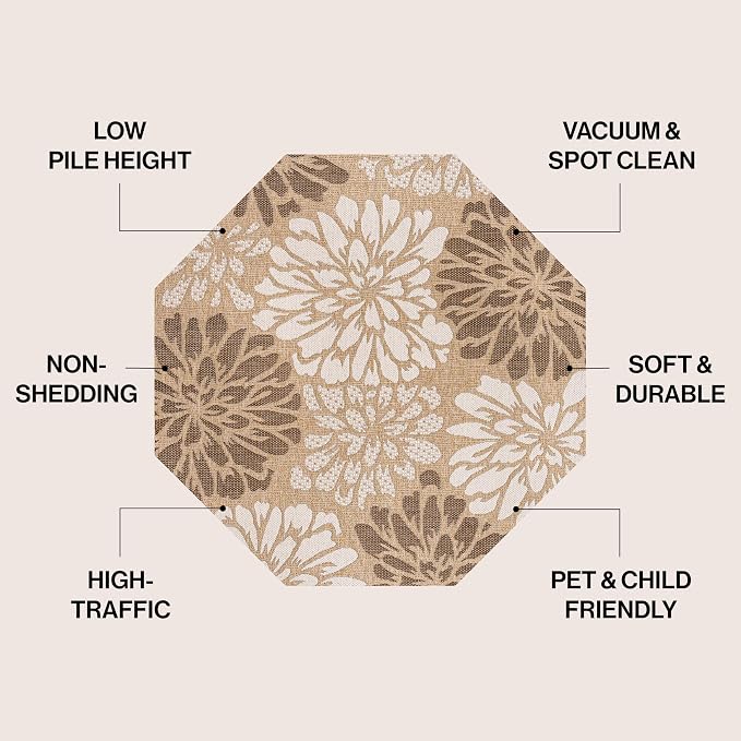 JONATHAN Y Floral Textured Weave Indoor Outdoor Octagon Area Rug 5 Ft Brown/Cream, Zinnia Modern for Backyard, Patio, Porch, Easy-Cleaning, High Traffic, Pet-Friendly, Non-Shedding (SMB110I-5TGN)