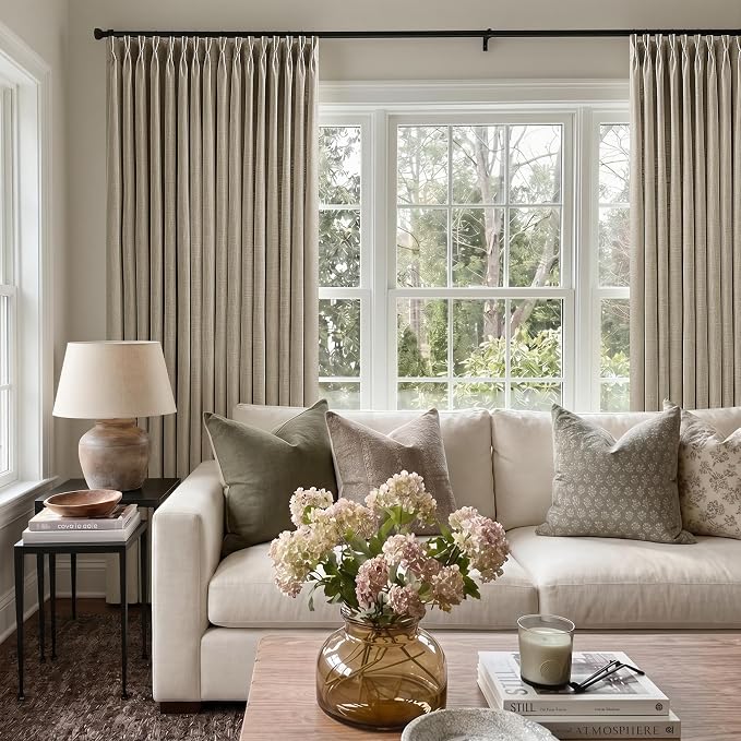 Pinch Pleated Linen 90 Inch Curtains 50 Inch Width for Living Room Divider Light Filtering Thick Light Brown Linen Extra Wide Patio Curtains for Sliding Door Balcony Floor to Ceiling Window 1 Panel