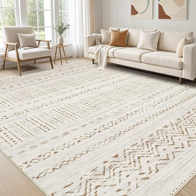 cotiled 10x14 Area Rug Living Room: Washable Boho Rugs with Non Slip Backing Large Soft Indoor Stain Resistant Carpet for Bedroom Farmhouse Dining Room Lightweight Home Decor Brown/Cream