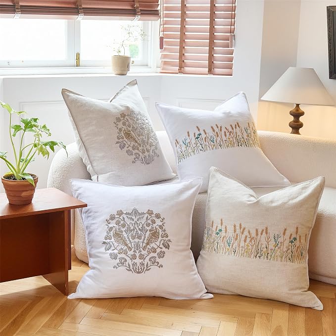 Simple&Opulence 100% Linen Euro Shams 26'' x 26'' Pack of 2, Embroidery Rosefinch Design Natural Flax Farmhouse Decorative Square Throw Pillow Covers for Bed Couch Sofa - White