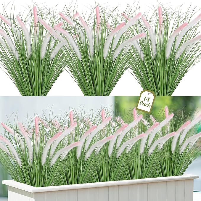 14PCS Artificial White Pink Tip Dog Tail Grass Onion Grass UV Resistant Outdoors Faux Shrubs Ornamental Wheat Grass Cattails Faux Bushes Home Decor for Outdoor Garden
