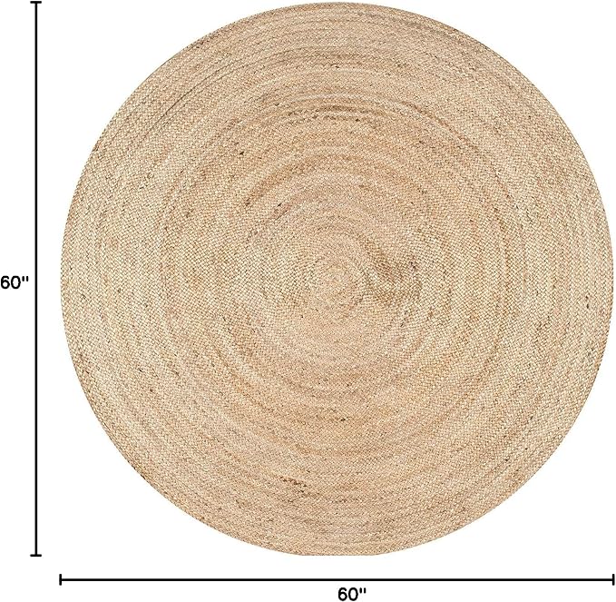 100% Jute Round Area Rug - 5 Feet, Natural Fibers, Braided Design, Hand Woven Carpet - Home Decor for Living Room, Hallways, Bedroom