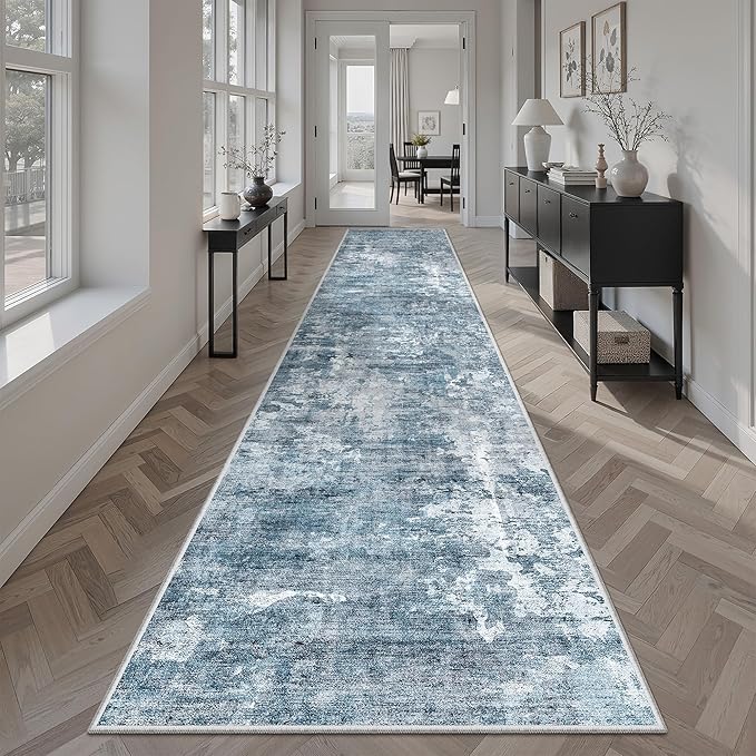 Soalmost Runner Rug 2x12 Washable Non-Slip Hallway Runner Rugs for Kitchen Bathroom Laundry Room Blue/Grey Vintage Floor Carpet Runners for Hallways Entryway