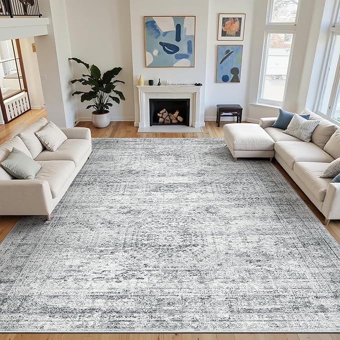 Soalmost 12x15 Washable Area Rug Gray Neutral Abstract Living Room Large Carpet Non Slip Bedroom Indoor Office Dining Room Low Pile Thin Grey Rug