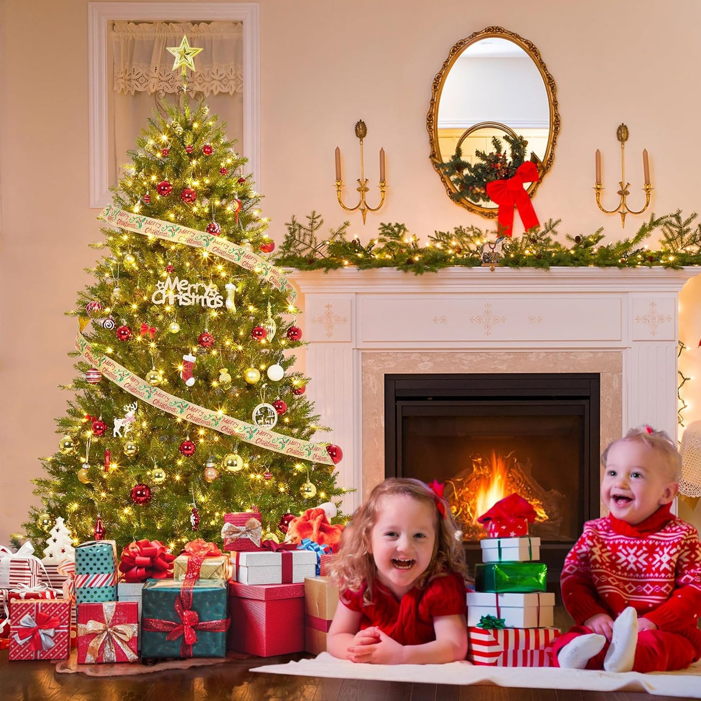 7.5FT Pre-Lit Artificial Christmas Tree with Color Lights,Green PE & PVC Artificial Xmas Tree,Easy Assembly, Full Branch Tips& Foldable Stand for Home, Office, Party Decoration for Xmas Holiday