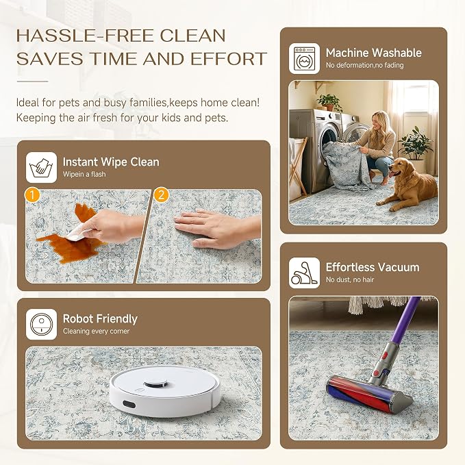 HUGEAR 2x3 Entryway Area Rug Retro Light Blue Small Rug Machine Washable Door Mat Vintage Floral Low Pile Carpet Distressed Throw Rug Entrance Kitchen Bedroom Non Slip Soft Lightweight