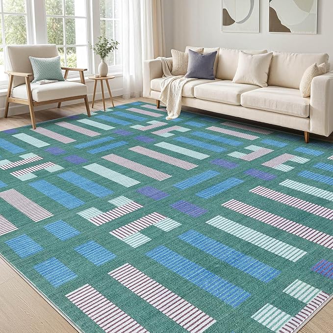 cotiled 5x7 Area Rug Living Room: Washable Boho Rugs with Non Slip Backing Large Soft Indoor Stain Resistant Carpet for Bedroom Farmhouse Dining Room Lightweight Home Decor Green