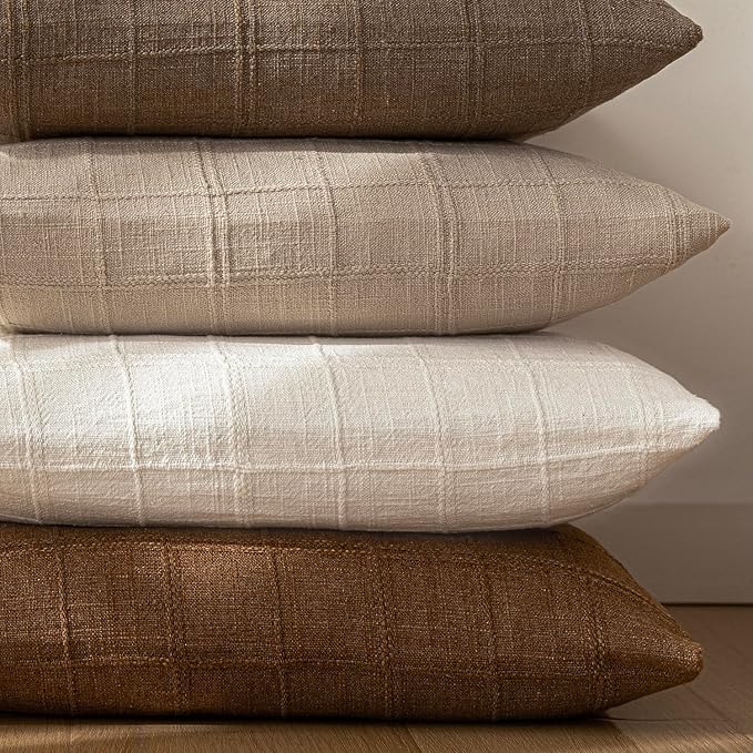 Foindtower Set of 2 Decorative Linen Check Throw Pillow Covers Neutral Farmhouse Vintage Cushion Covers Modern Boho Home Decor for Sofa Chair Couch Bedroom Living Room,16×16 Inch,Cream White
