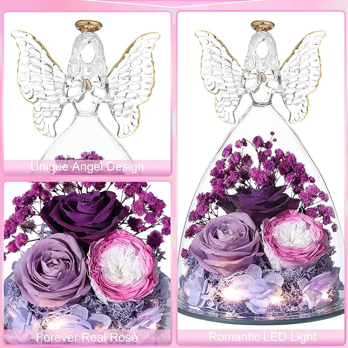 Mothers Day Rose Gifts for Women Preserved Real Flower in Glass Angel Figurines Roses for Delivery Prime Birthday Gifts for Mom Grandma Girlfriend Wife Her, Colorful Purple