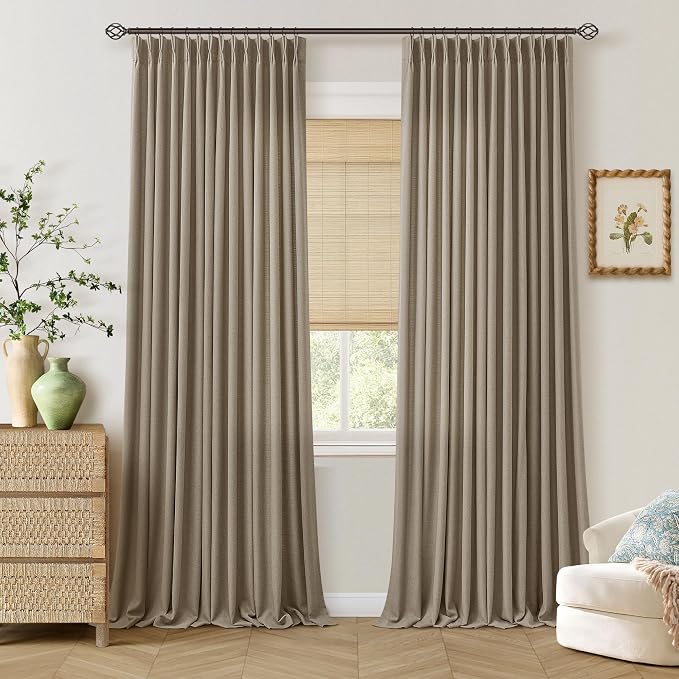 Dark Flax Curtains 108 Inches Long 2 Panels Set Pinch Pleated Linen Drapes for Living Room Bedroom Neutral Farmhouse Back Tab Pinch Pleat Light Filtering Brown Taupe Semi Sheer Curtains 40x108 Length