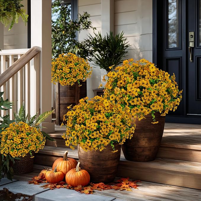 AXYLEX Artificial Fall Flowers for Outdoors Fake Mums - 16 Bundles Faux Plants Outside Greenery Boxwood No Fade Plastic Shrubs Decor Farmhouse Home Garden Thanksgiving (Yellow)