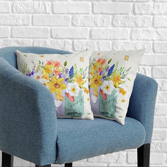 Spring Throw Pillow Covers 24x24 Set of 2 Daffodils Flower Pillow Covers Floral Vase Outdoor Pillowcase Watercolor Cotton Linen Cushion Case for Sofa Outdoor Patio