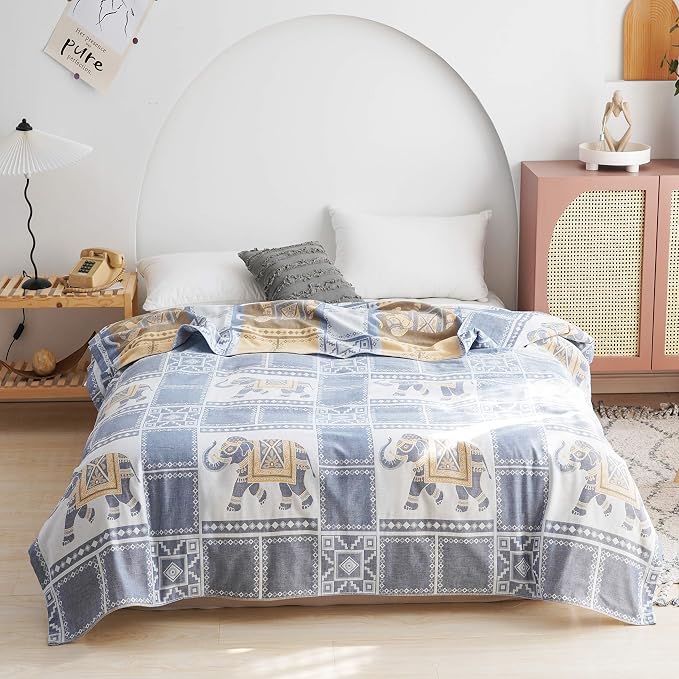 MEJU Elephant Check Geometric Muslin Lightweight Summer Blanket for Bed Sofa Couch, 100% Combed Cotton 2 Layer Soft Warm Quick Dry Throw Blanket Bed Coverlet Sheet Blue F/Q 80 in X 90 in
