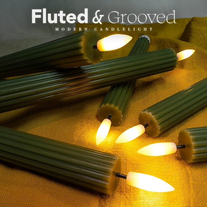 6 Pack, 10" LED Flameless Real Wax Sage Olive Loden Green Fluted Ribbed Grooved Taper Candles, Remote & 24h Timer Memory, On/Off Button, Dimmable, Flicker Mode, Battery Operated, Wedding