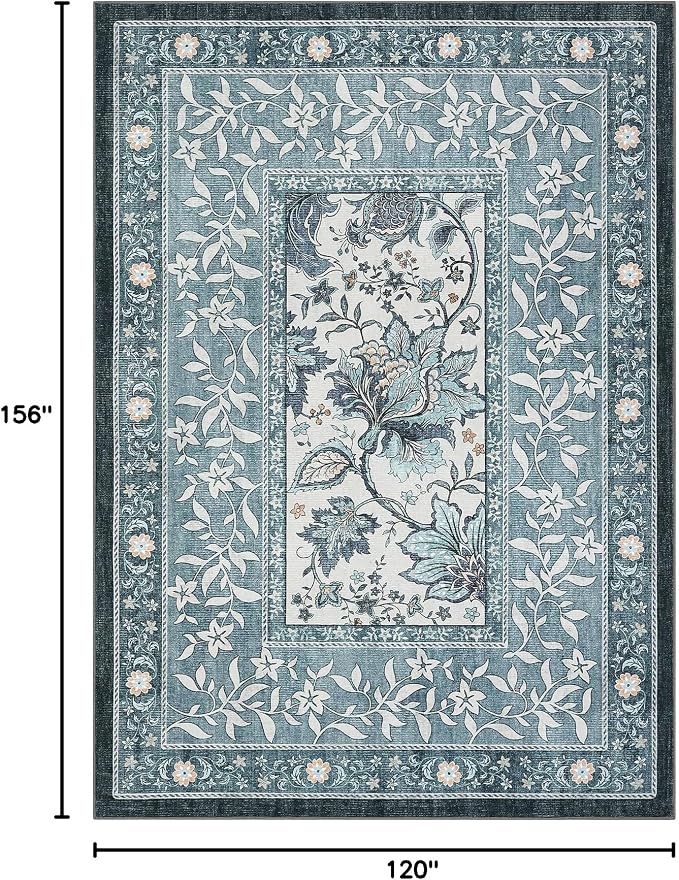 GarveeHome Provence Area Rugs 10x13 Living Room, Botanical Grove Misty Blue Cottagecore Washable Rug for Bedroom Dining Nursery Low-Pile Vintage Large Carpet