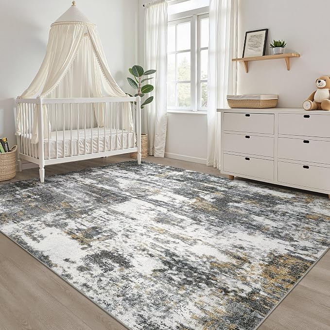 7x9 Area Rug Living Room: Washable Large Neutral Rug Abstract Soft Modern Stain Resistant Indoor Floor Non-Slip Carpet for Bedroom Nursery Kids Office Playroom Dining Room- Black White Gold