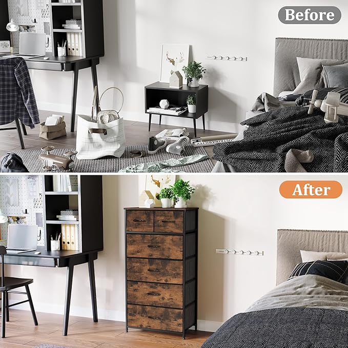 Fabric Dresser for Bedroom, Tall Skinny Dresser with 6 Drawers, Storage Organizer Tower, Steel Frame Wooden Top for Closet, Living Room, Hallway(Rustic Brown)