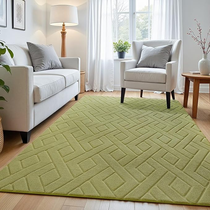 Macgace Ultra Soft Green Area Rug for Bedroom, 3x5 Modern Geometric Shag Rugs with Nonslip Backing for Living Room, Washable Fuzzy Carpet for Cozy Kids Room Nursery