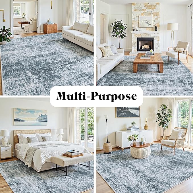 8x10 Area Rugs Washable Rug:Anti-Skid Abstract Modern Living Room Rug Soft Thin Carpets Indoor Floor Non-Shedding Carpet for Bedroom Dining Farmhouse Nursery Home Office(Light Slate Blue/White, 8x10)
