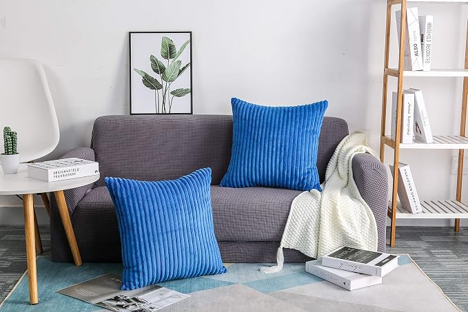 TangDepot Velvet Big Corduroy Pillow Covers 14x14 Blue 2-Pack | Soft wide-stripe corduroy pillow cover, hidden zipper, machine washable, easy refresh, for bedroom living room indoor outdoor