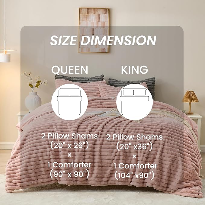 Simple&Opulence Fluffy Faux Fur Comforter Set, Plush Fuzzy Minky Bedding Set, 3 Pieces Warm Soft Comforter Bedding Set for Winter - 1 Shaggy Comforter with 2 Pillow Shams(King, Striped - Pink)