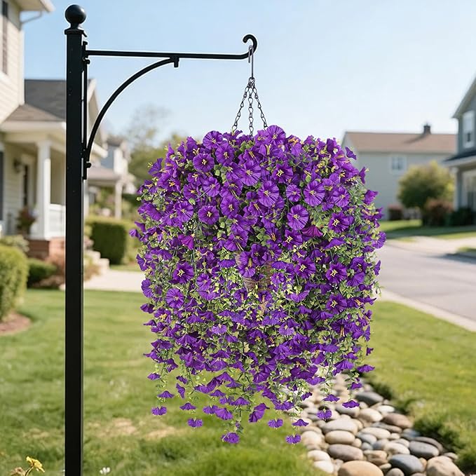 Artificial Hanging Flowers with Basket, 480 Blooms UV Resistant Faux Morning Glory Silk Plants, Fast & Easy Assembly Fake Hanging Baskets for Outdoor Porch Patio Garden Decor, Purple