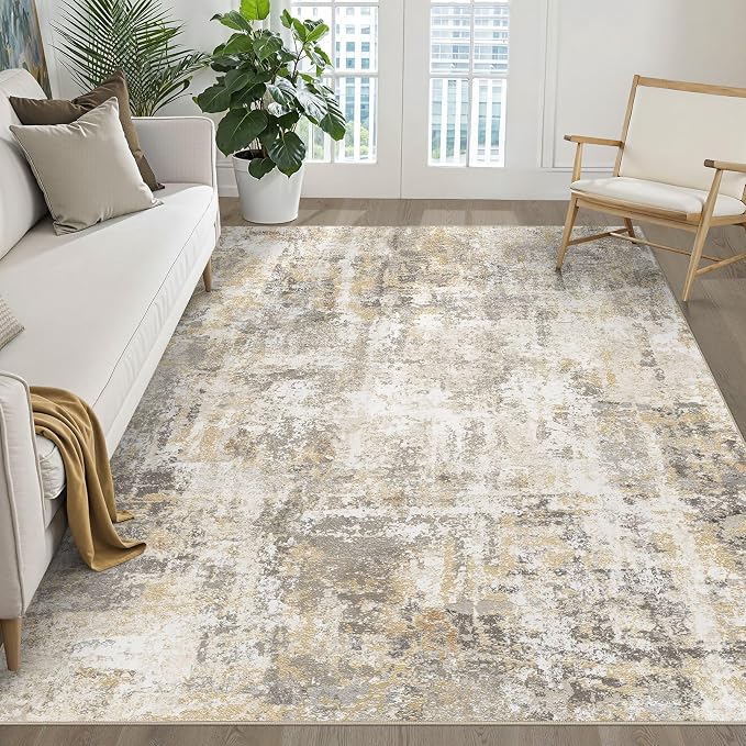 6x9 Area Rugs Living Room: Washable Large Neutral Gray Gold Rug Abstract Soft Modern Stain Resistant Indoor Floor Non-Slip Carpet for Bedroom Nursery Kids Office Playroom Dining Room Under Table Home
