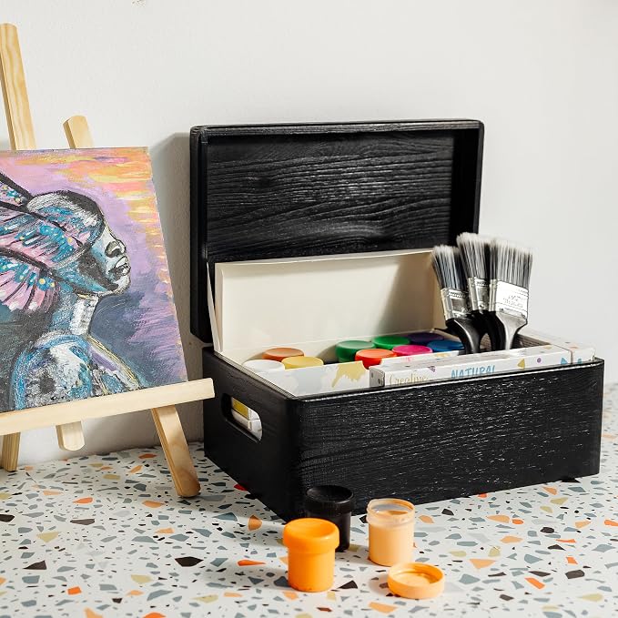 Creative Deco Large Black Wooden Box Storage with Hinged Lid | 11.8x7.87x5.51in (+-0.5) | Keepsake with Handles | Gift Box for Tool Dog Toy Shoes Kitchen Storage | Wood Keepsake Chest Trunk