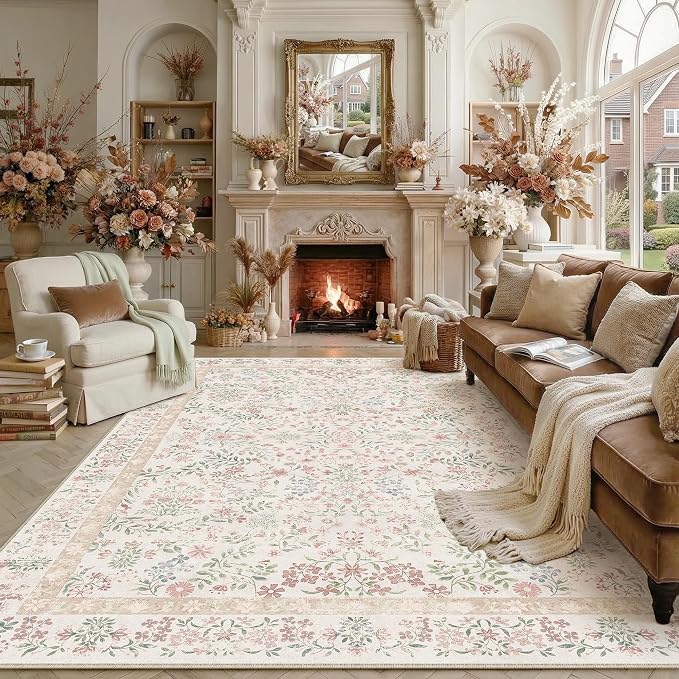 PureCozy 6x9 Pink Area Rug for Living Room Bedroom Washable Vintage Floral Carpet Low Pile Non Slip Botanical Aesthetic Dining Room Soft Accent Throw Rug Nursery Office Indoor