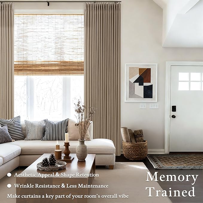 Latte Pinch Pleated Linen Curtains 102 Inch Length 2 Panels Set Rustic Light Brown Light Filtering Privacy Pleat Curtain for Living Room Bedroom Sliding Door Back Tab Flax Linen Drapes 102 Inches