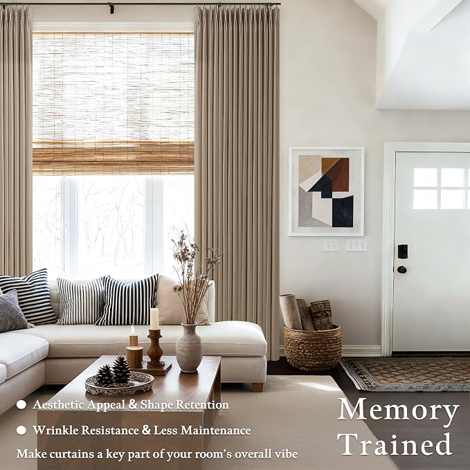 Pinch Pleated Linen Curtains 90 Inches Long 2 Panels for Living Room Bedroom Light Taupe Brown Farmhouse Boho Semi Sheer Privacy Pleat Drapes 90 Inch Length Back Tab Linen Blend Curtain for Patio Door
