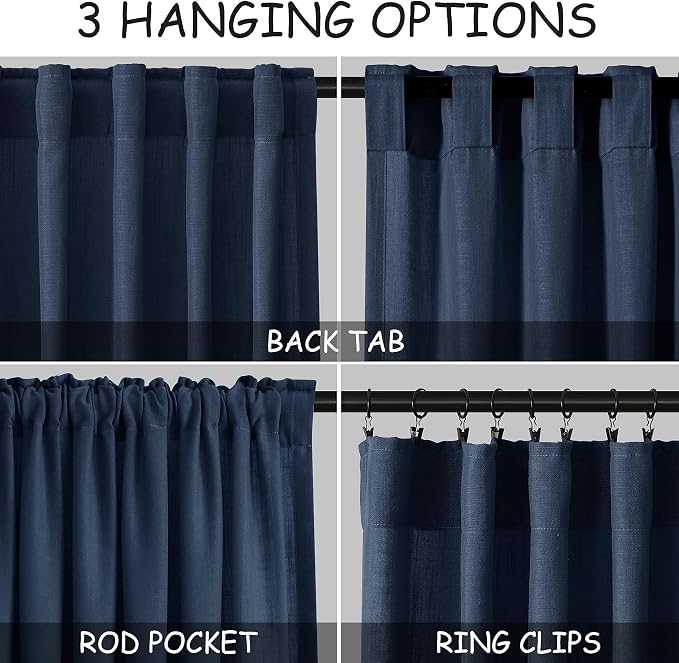 Nanspring Denim Blue Linen Cafe Curtains Linen Kitchen Curtain 24 Inch Length 2 Panels Semi Light Filtering Short Tier Drape with Back Tab Rod Pocket for Small Windows Cafe Bathroom Over Sink 26Wx24L