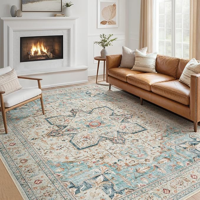 Tortania Area Rug Living Room Rugs - 12x18 Washable Boho Rug Vintage Oriental Distressed Farmhouse Large Thin Indoor Carpet for Living Room Bedroom Under Dining Table Home Office - Aqua Multi