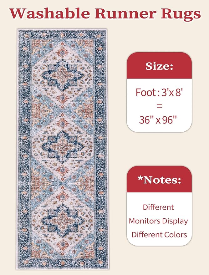 SERISSA Runner Rug for Hallways, 3x8 Washable Non Slip Kitchen Runner Rug, Long Boho Rug Vintage Blue Orange Hallway Stair Ultra Soft Print Floor Carpet for Bedroom Bathroom Laundry Room