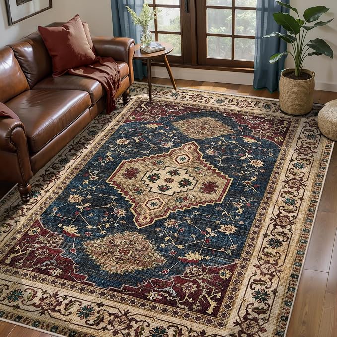 Tangsoo Vintage 4x6 Washable Area Rug, Oriental Indoor for Living Room, Non Slip Machine Washable Large Tumble Rugs, Soft Print Carpet for Bedroom Dining Room Dorm Office Home Decor Dark Blue Beige