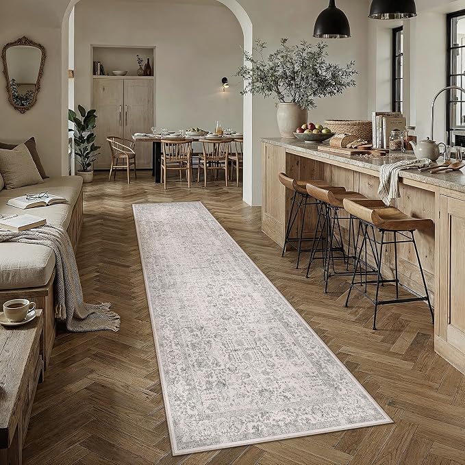 PureCozy Gray Runner Rug 2'6"x10' Washable Carpet for Hallway Kitchen Vintage Distressed Non Slip Indoor Grey Retro Floral Bedroom Accent Throw Long Rug Bathroom Office Laundry Dining Living Room