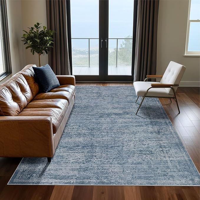 DMOYEST Area Rug Living Room Rugs - 5x7 Large Soft Indoor Neutral Modern Abstract Low Pile Washable Rug Carpet for Bedroom Dining Room Farmhouse Home Office - Dark Blue