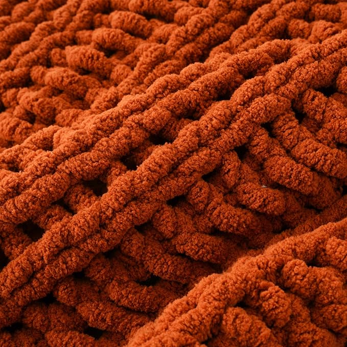 Battilo Chunky Knit Throw Blanket for Couch, Fall Decor, 50"x60", Rust | Hand Knit with Chunky Yarn, Decorative Fall Throw Blanket, Cozy Warm Soft Chenille Throw Blanket for Bed, Sofa, Living Room