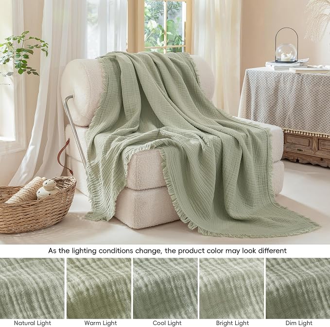 Muslin Fringe Blankets for Adults: 100% Cotton Cloud Soft | 4-Layer Gauze Breathable Lightweight All Season Throw Blanket for Bed Couch Sofa Office
