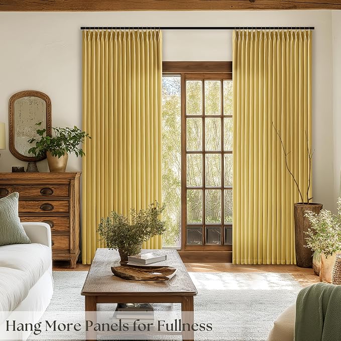 Mustard Yellow Linen Curtains 96 Inch Pinch Pleated for Living Room Bedroom Dining Boho Light Filtering Spring Decor Pinch Pleat Drapes Back Tab Semi Sheer Harvest Autumn Golden Ochre Window Curtains