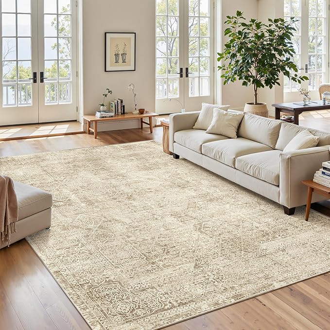 Soalmost 5x7 Area Rugs Brown Low Pile Indoor Washable Trendy Faded Style Floral Rugs for Bedroom Living Room Dining Room Foldable Non-Slip Thin Print Mat