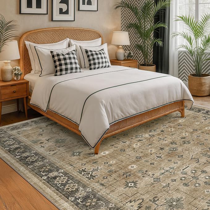 Warm Taupe Sage 9x12 Living Room Rug - Vintage Extra Large Area Rugs for Dining Room Under Table, Washable Low Pile Carpet for Bedroom Under the Bed, Non-Slip Stain & Fade Resistant