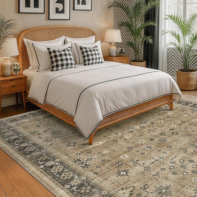 Boho Earth Tone 7x10 Living Room Rug - Distressed Natural Taupe Washable Bedroom Area Rug, Modern Vintage Dining Room Carpet, Non-Slip Stain & Fade Resistant
