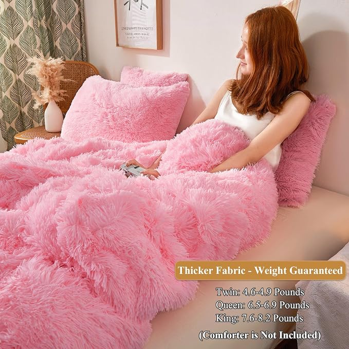 XeGe Plush Shaggy Duvet Cover Set, Luxury Ultra Soft Crystal Velvet Fluffy Bedding Sets 3 Pieces(1 Furry Faux Fur Comforter Cover + 2 Fuzzy Faux Fur Pillowcases) Zipper Closure(Queen, Light Pink)