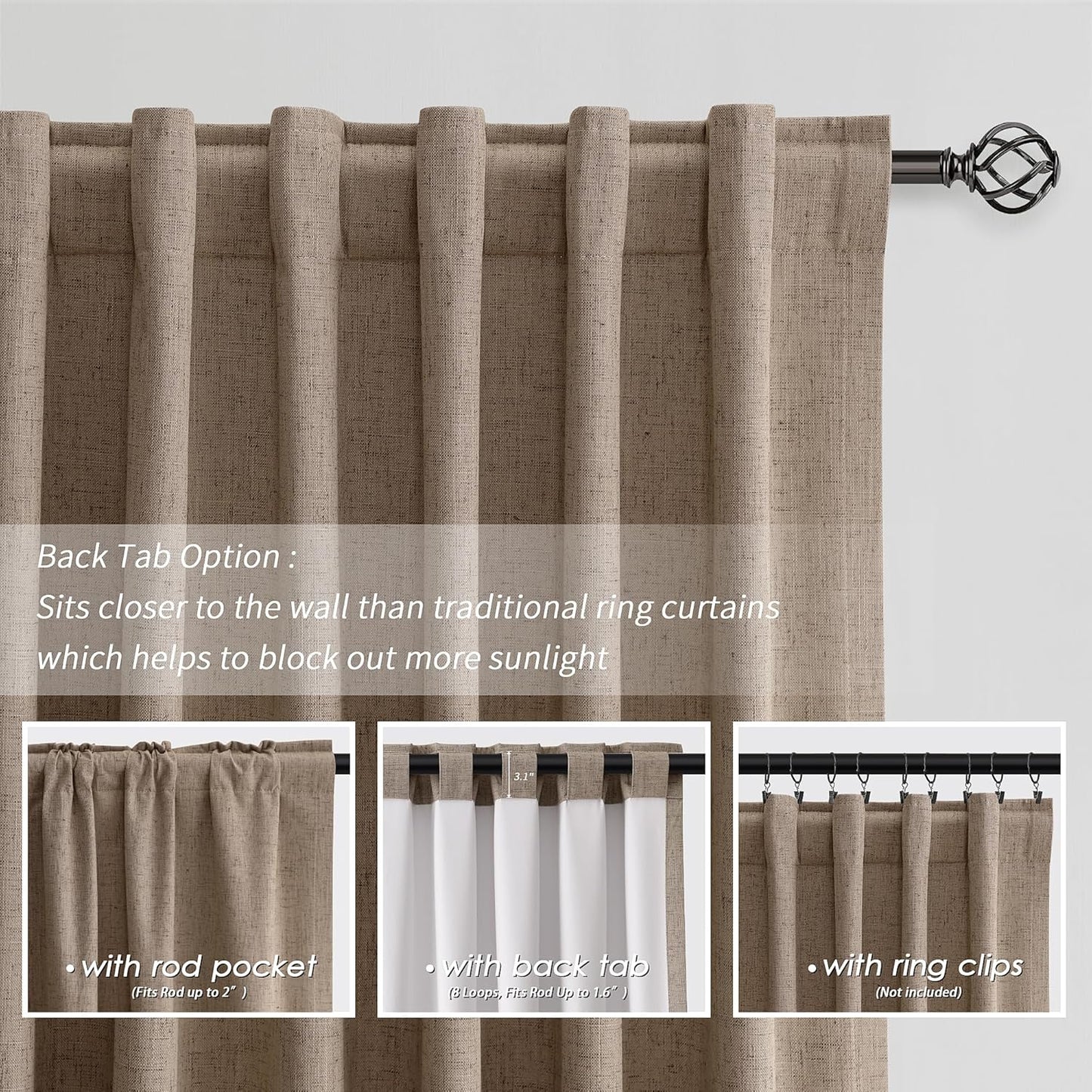 BOODII Brown Linen Blackout Curtains for Bedroom 84 Inch Length 2 Panels Set Room Darkening Curtains Black Out Curtain Neutral Thermal Insulated Living Room Winter Window Drapes Back Tab 52x84