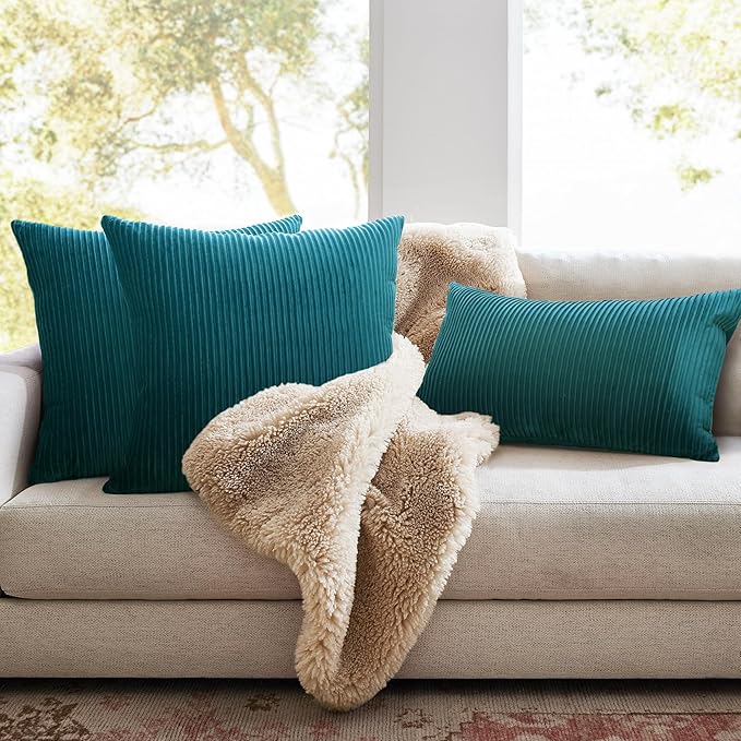 YCOLL Teal Pillow Covers 18x18 Set of 2 Velvet Striped Pattern - Soft Throw Pillows for Home Decor, Luxury Decorative Pillow Covers for Couch, Bed,Living Room