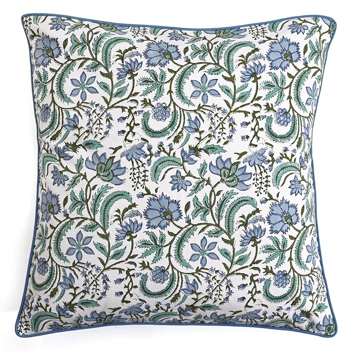 Ridhi Block Print Columbia Blue Pillow Cover 16" x 16" (Pack of 2) Decorative Couch Pillows for Living Room, Chic Boho Cute Outdoor Pillows Covers Gifts for Spring, Easter and Valentine